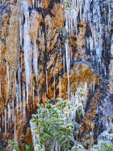 Icicles hang from a rock wall along Newfound Gap Road.