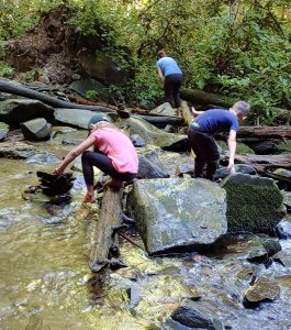 Xavier's family gets to work gently unstacking rocks and returning them to the creek. Photo by Sue Wasserman.