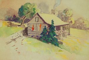 Mayna Avent’s watercolor of her Smokies cabin on a mountainside overlooking Jakes Creek. A two-mile round trip from the upper parking lot of Elkmont, the structure is remote and easily missed. Provided by The Estate of Mayna Treanor Avent.