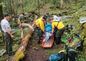 In April of 2018, author David Brill and Park Librarian and Archivist Mike Aday were near the end of a long hike on the Old Settlers Trail when Aday fell while crossing a rain-swollen stream, fracturing his tibia. In the ensuing hours, both men got to experience a SAR operation firsthand. Here we see Aday being lifted onto a backboard to transport him off trail and to the road where an ambulance waited. Photo by David Brill.