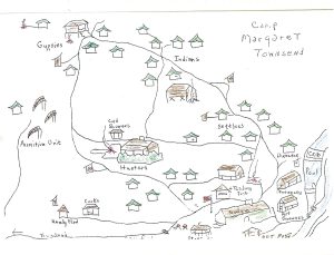 A hand drawn map of Camp Margaret Townsend, which operated in Walker Valley from 1925 to 1959. Courtesy of Great Smoky Mountains Institute at Tremont.