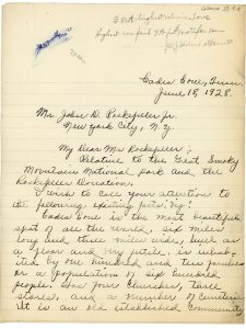 “Letters from the Smokies” by Michael Aday focuses on historical correspondence such as this 1928 letter to philanthropist John D. Rockefeller Jr. in which Cades Cove resident Walter Gregory pleads for the protection of his community and way of life. 