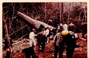 On January 3, 1978, a catastrophic malfunction sent a search-and-rescue helicopter plummeting into the Smokies near Wolf Ridge. Four of the eight crewmembers aboard the helicopter survived the crash, including park rangers Bill Acree and Dave Harbin. Provided by Bill Acree.
